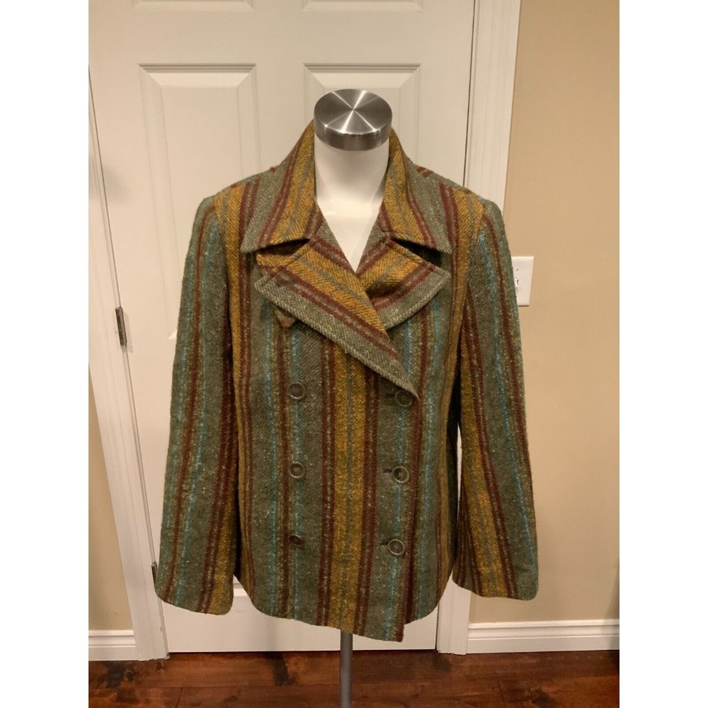 Akris Punto Green & Red Striped Wool Double Breasted Coat, Size 12 US, 44 FR